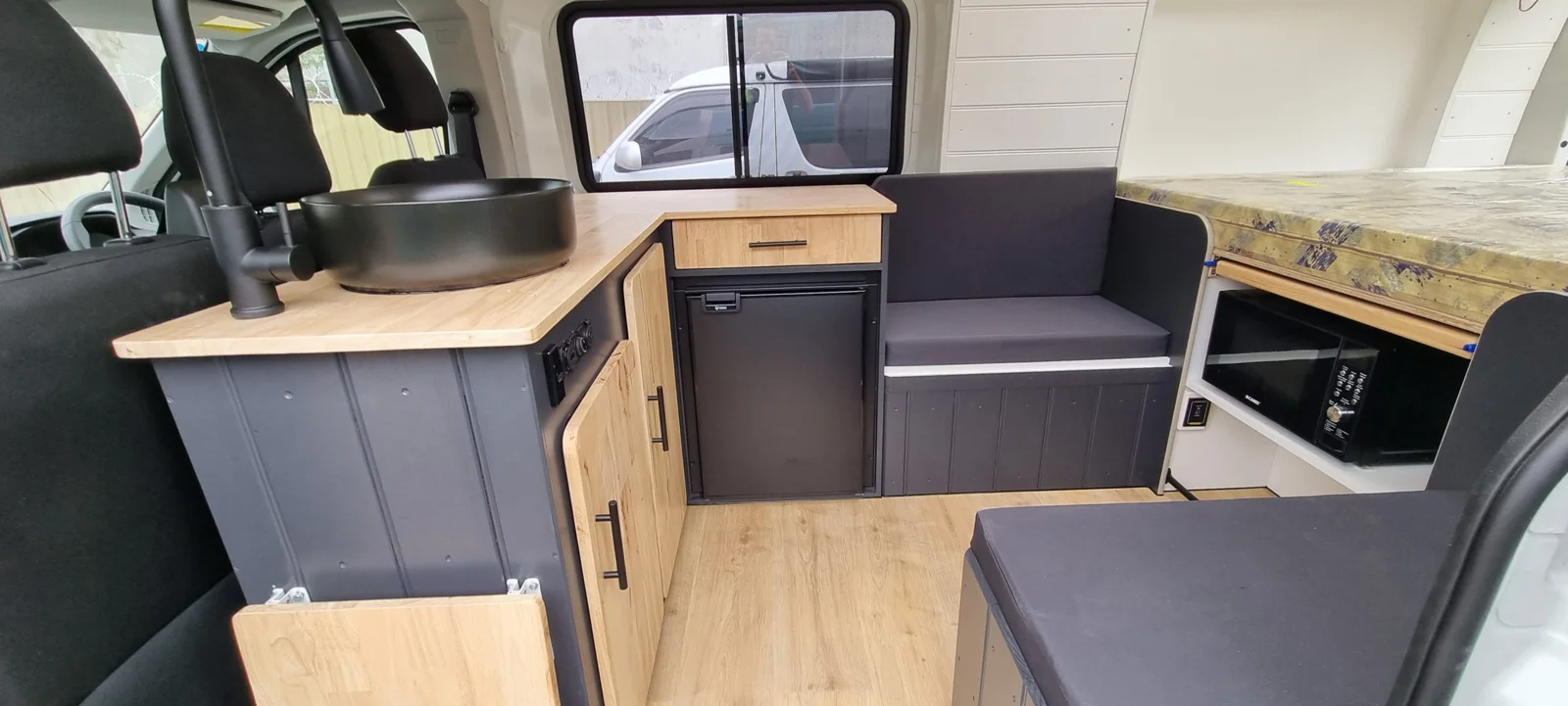 Interior of a large campervan fit-out
