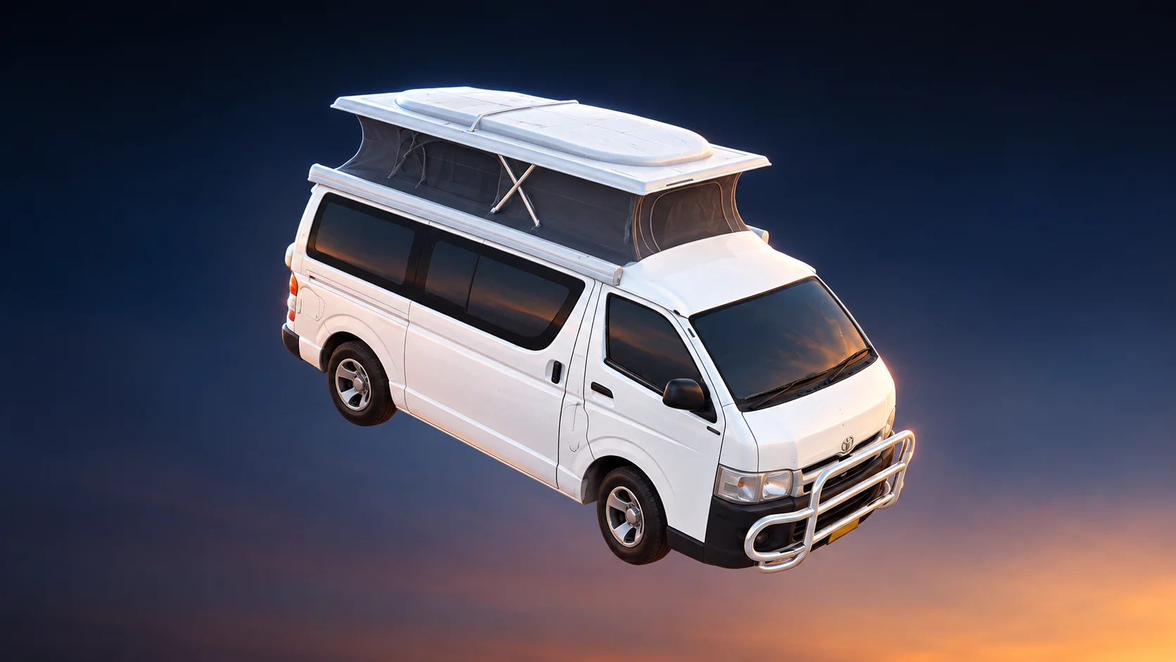 White pop-top campervan suspended against a twilight sky